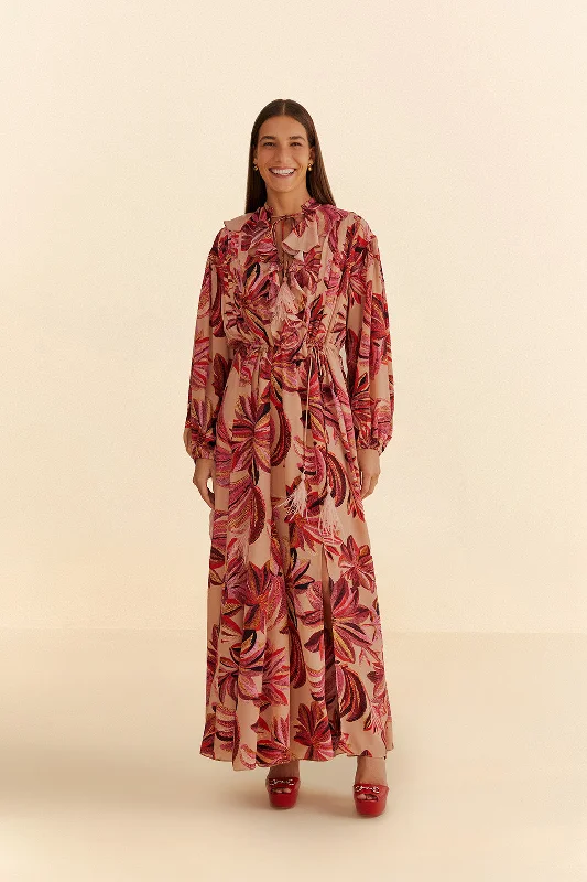 Floral Tapestry V Neck Maxi Dress Stylish Pleated A-Line Maxi Dress