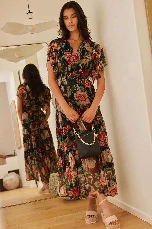 Flutter Black Floral Floaty Sleeve Maxi Dress Chic Summer Floral Maxi Dress