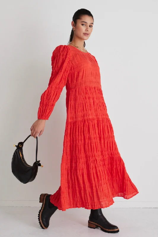 Gigi Blood Orange Shirred Cotton Ls Tiered Maxi Dress Cozy Knit Maxi Dress