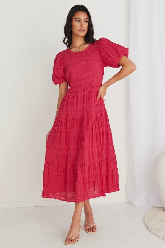 Graceful Raspberry Shirred Cotton Bubble Sleeve Tiered Maxi Dress Elegant Maxi Dress with Lace