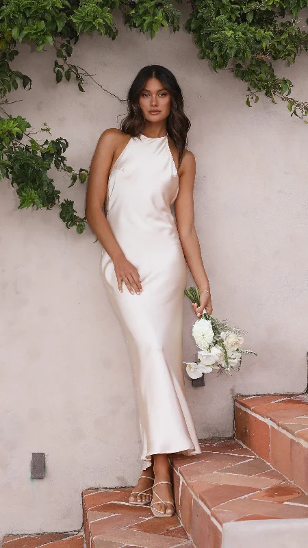 Halsey Maxi Dress - Champagne Trendy Off-Shoulder Ruffle Maxi Dress