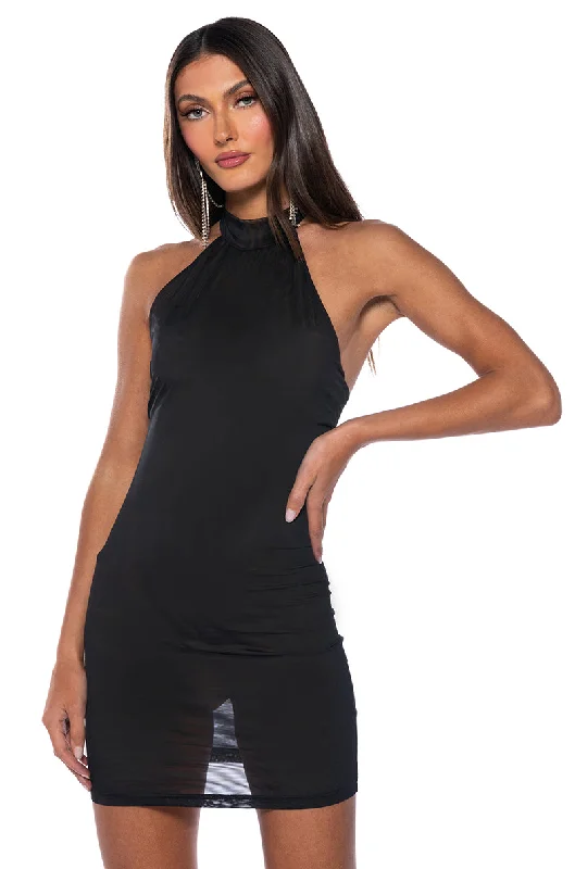 HALTERNECK MESH LITTLE BLACK MINI DRESS Fashionable Mini Dress with Slits