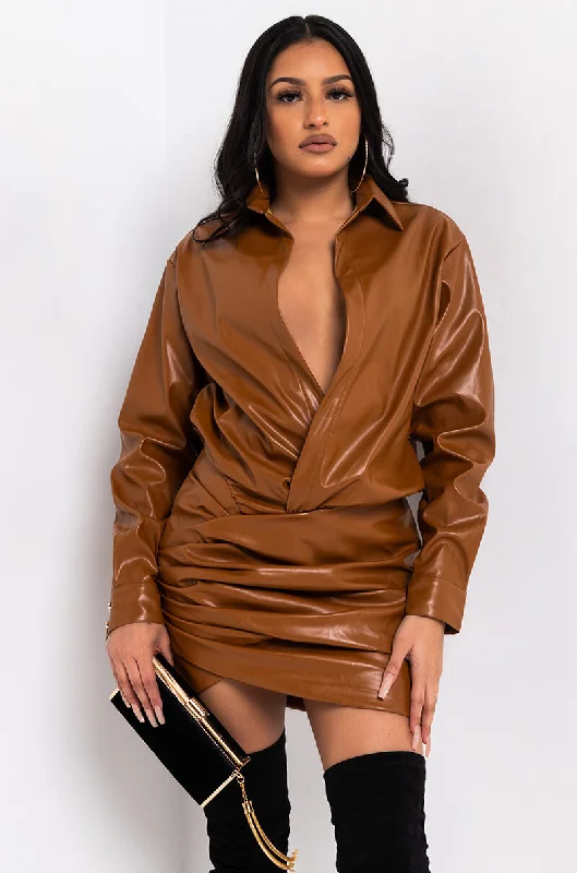 HEY BIG SPENDER LONG SLEEVE MINI DRESS CAMEL Fashionable Denim Mini Dress