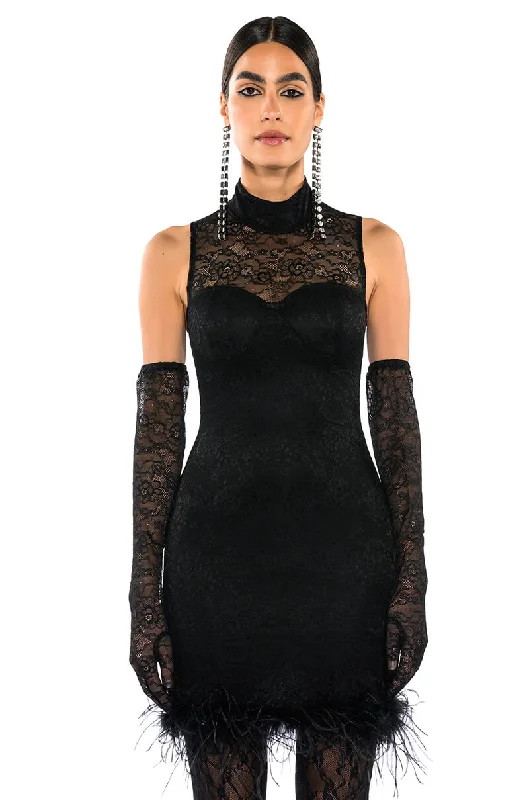 HOLLY STRETCH LACE FEATHER TRIM MINI DRESS WITH GLOVES Elegant Mini Dress with Pleats