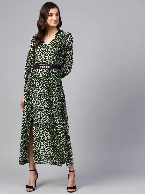 Women's Animal Print Maxi Dress With Embellished Belt - Pannkh Comfortable Maxi Dress with Belt