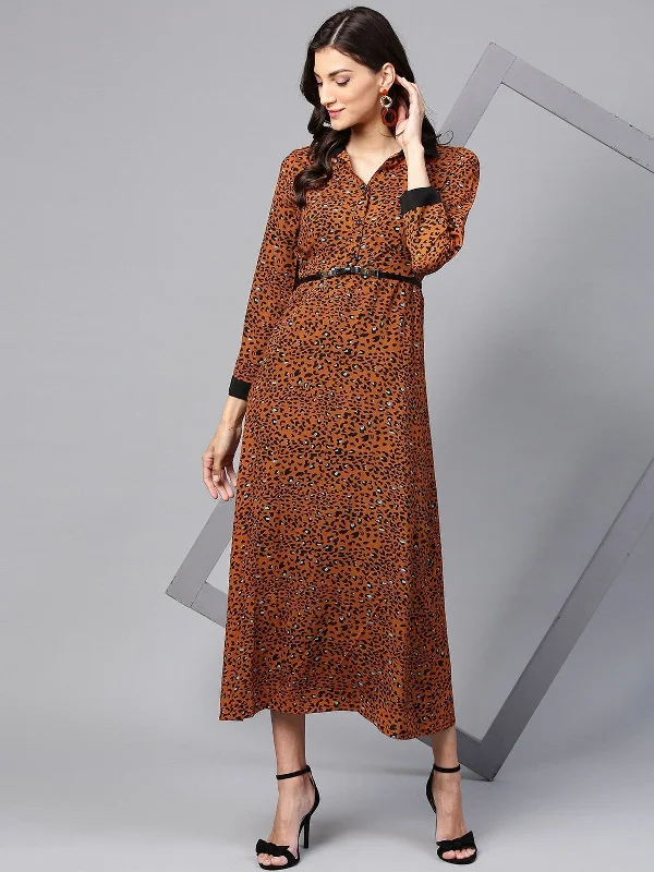 Women's Animal Print Shirt Maxi Dress With Belt - Pannkh Comfortable Bohemian Maxi Dress