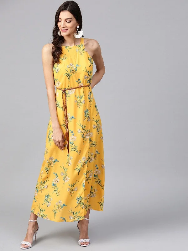 Women's Floral Strappy In-cut Maxi Dress With Belt - Pannkh Elegant Maxi Dress with Slit