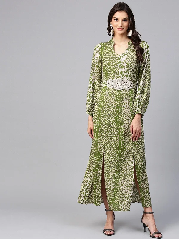 Women's Light Green Animal Print Maxi Dress With Embellished Brotch - Pannkh Trendy Floral Print Maxi Dress