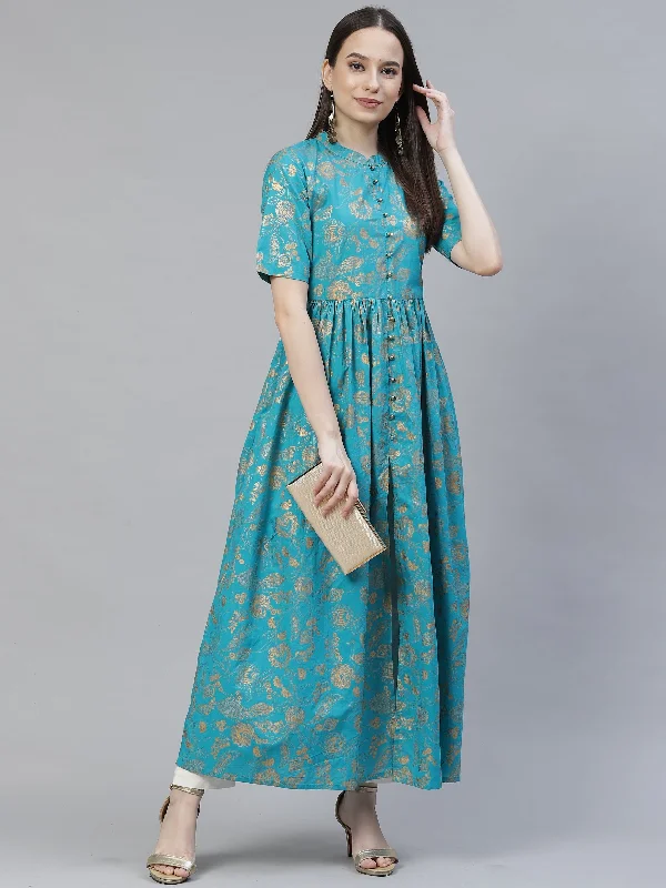 Women's turquoise blue and gold printed maxi dress - Meeranshi Comfortable Bohemian Maxi Dress