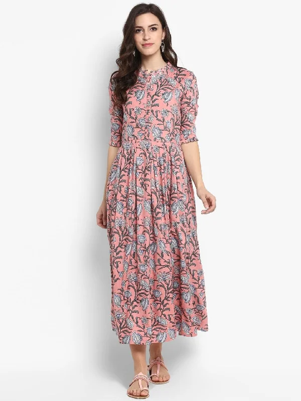 Women's Peach-Coloured Printed Maxi Dress - Meeranshi Comfortable Pleated Maxi Dress