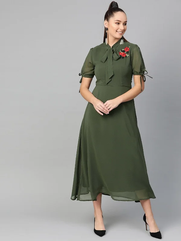 Women's Solid Embroidered Maxi Dress With Tie-Up - Pannkh Fashionable High-Low Maxi Dress