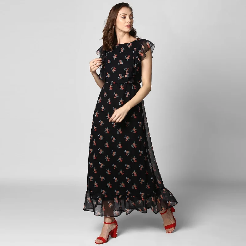 Women's Black Printed Maxi Dress with Lining - StyleStone Cozy Wrap Maxi Dress