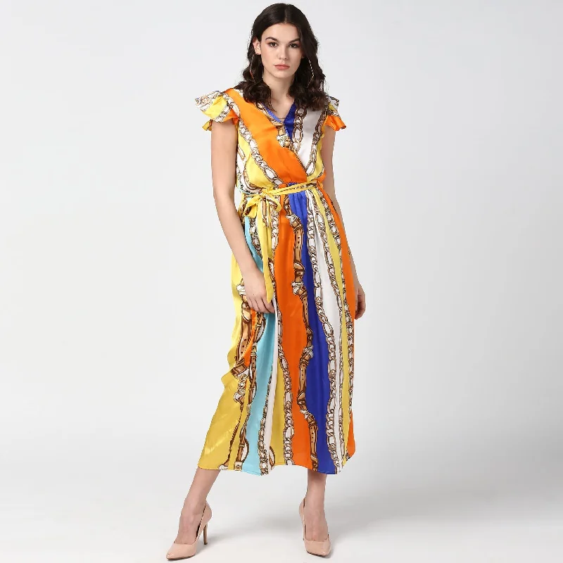 Women's Chain Print Multi Colored Satin Maxi Dress - StyleStone Trendy Maxi Dress with Bow