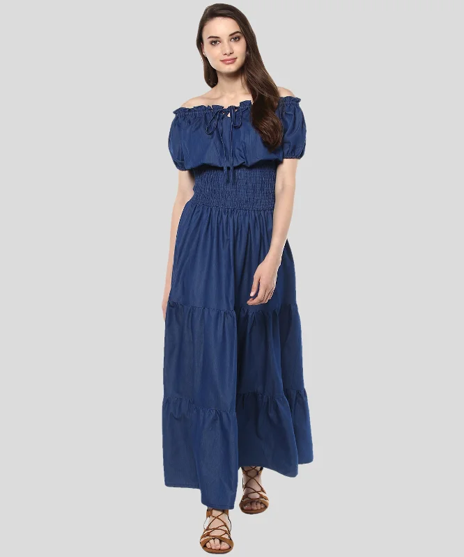 Women's Denim Peasant Styled Maxi Dress - StyleStone Cozy Longline Maxi Dress