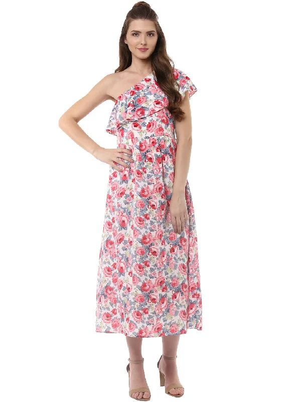 Women's Floral One Shoulder Maxi Dress - StyleStone Stylish One-Shoulder Maxi Dress