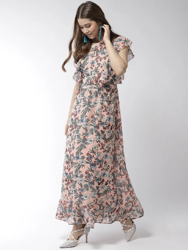 Women's Floral Print Polyester Long Maxi Dress with Lining - StyleStone Elegant Floral Maxi Dress