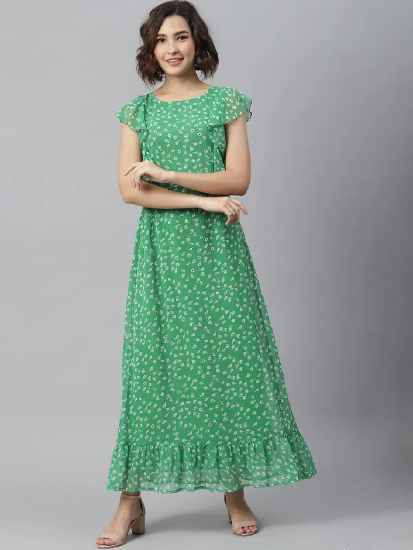Women's Green Printed Maxi dress - StyleStone Fashionable Off-Shoulder Maxi Dress