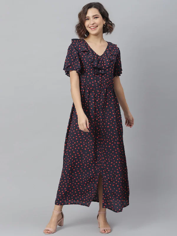 Women's Navy & Red Polka Ruffle Maxi dress - StyleStone Cozy Knit Maxi Dress