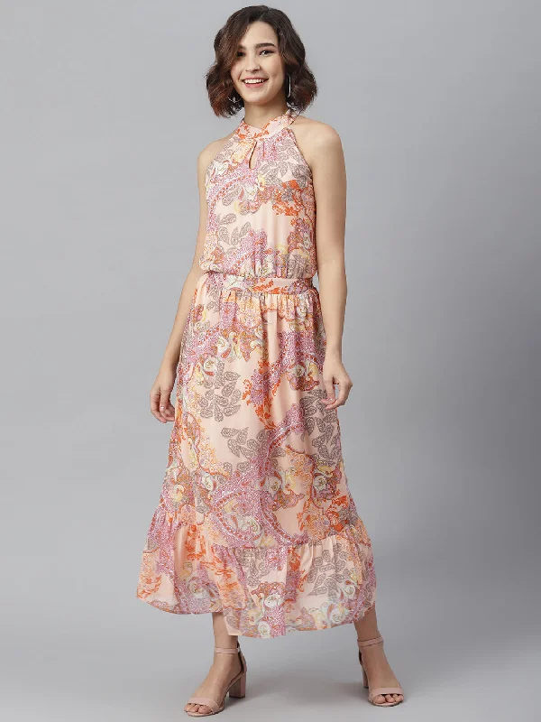 Women's Peach Printed Maxi Dress - StyleStone Fashionable Printed Maxi Dress