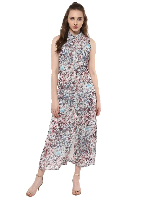 Women's Printed Floral Maxi Dress - StyleStone Fashionable Open-Back Maxi Dress