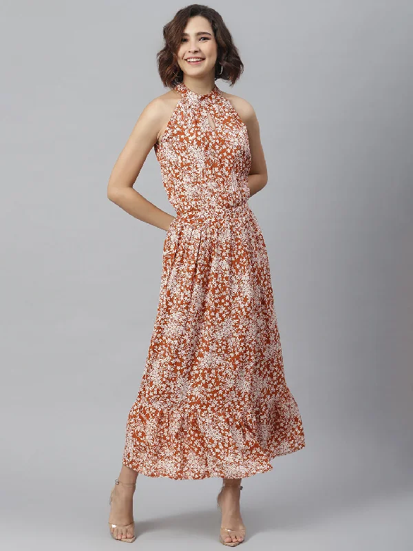 Women's Rust Printed Maxi Dress - StyleStone Trendy Maxi Dress with Bow