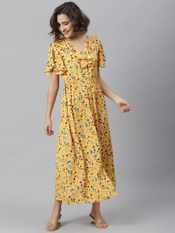 Women's Yellow Floral Maxi Dress - StyleStone Classic A-Line Maxi Dress