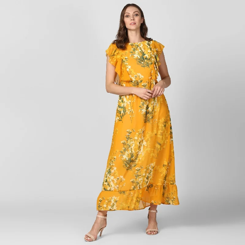 Women's Yellow Printed Maxi Dress with Lining - StyleStone Trendy Maxi Dress with Lace