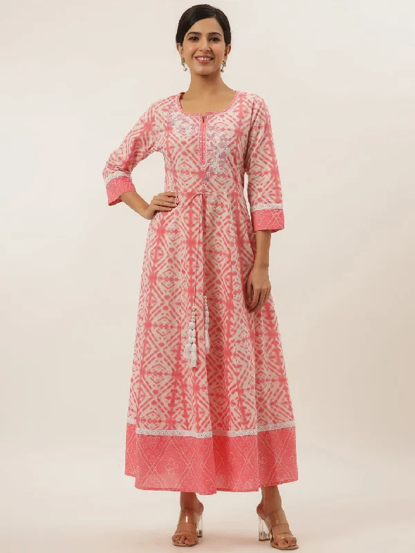 Women's Peach And White Embroidery Cotton Maxi Dress - Yufta Comfortable Ruffle Maxi Dress