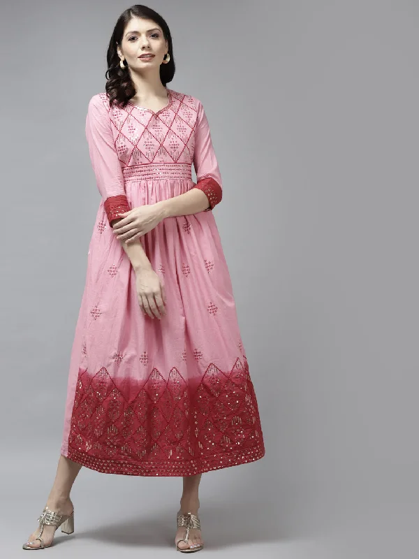 Women's Pink Solid Embroidered Cotton Maxi Dress - Yufta Elegant Lace-Up Maxi Dress