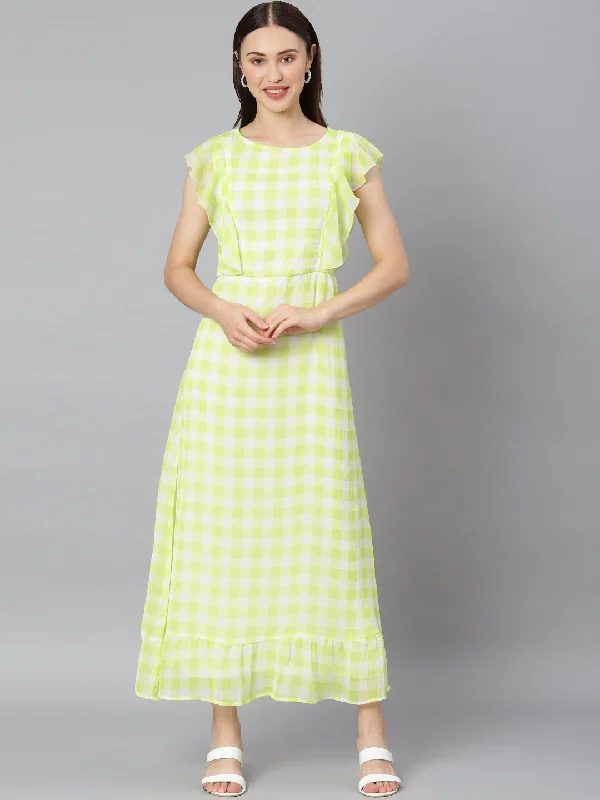 Women's Green Check Polyester Maxi Dress - Stylestone Casual Maxi Dress with Pockets