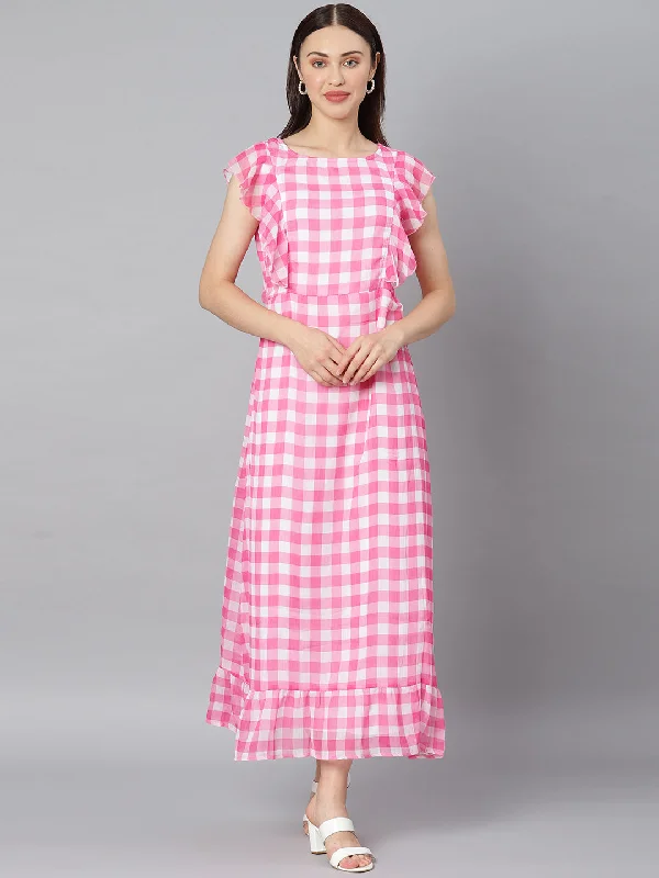 Women's Pink Check Polyester Maxi Dress - Stylestone Elegant Lace Maxi Dress
