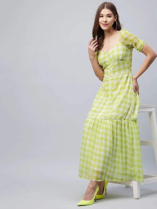 Women's Limegreen Polyester Georgette Checkered Maxi Dress - Stylestone Stylish Button-Up Maxi Dress