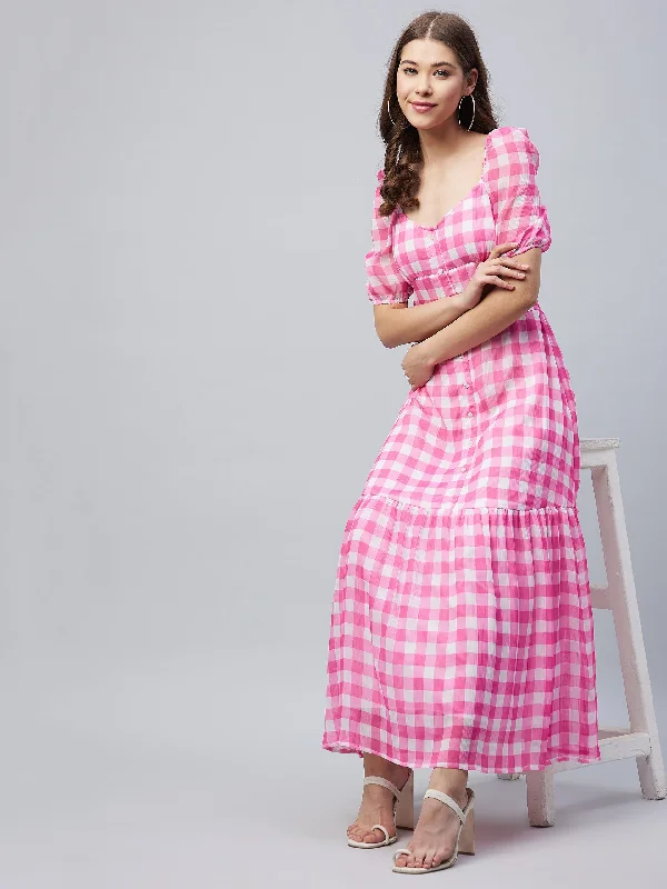 Women's Pink Polyester Georgette Checkered Maxi Dress - Stylestone Trendy Floral Print Maxi Dress