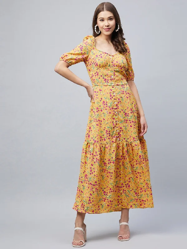 Women's Yellow Polyester Moss Floral Maxi Dress - Stylestone Fashionable High-Low Maxi Dress