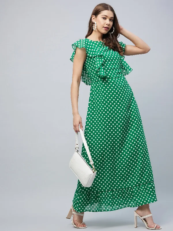 Women's Green Polka Maxi Dress With Flutter Sleeves  - Stylestone Fashionable Layered Maxi Dress