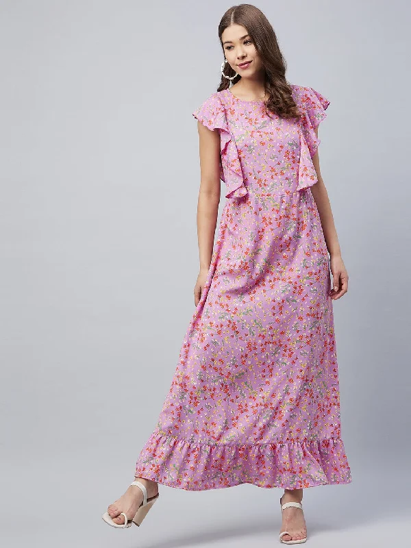 Women's Lavender Floral Maxi Dress With Flutter Sleeves  - Stylestone Cozy Ribbed Maxi Dress
