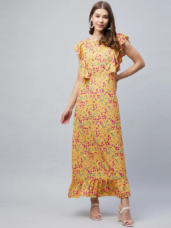 Women's Mustard Floral Maxi Dress With Flutter Sleeves  - Stylestone Fashionable Sheer Maxi Dress