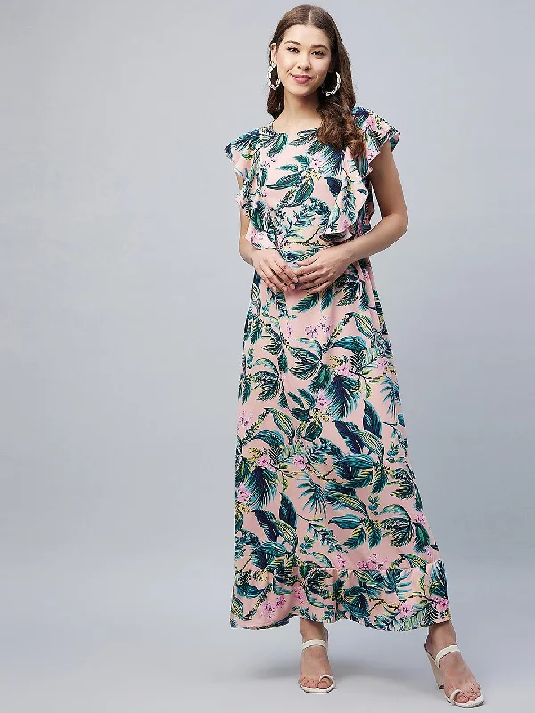 Women's Multicolour Floral Maxi Dress With Flutter Sleeves  - Stylestone Elegant Maxi Dress with Slit