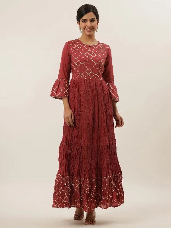 Women's Rust Gotta Work Cotton Maxi Dress - Yufta Cozy Cold-Shoulder Maxi Dress