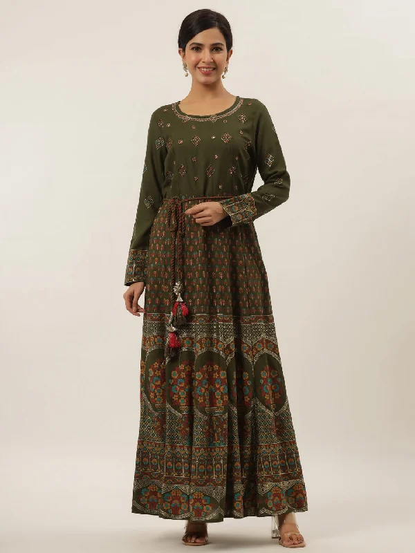 Women's Green Mirror Work Cotton Maxi Dress - Yufta Comfortable Maxi Dress with Sleeves