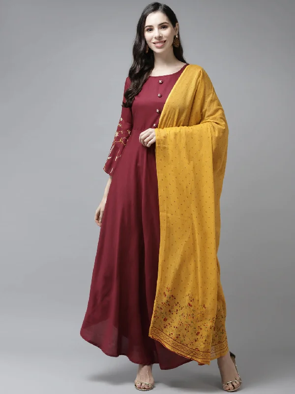 Women's Maroon Solid Rayon Maxi Dress Wirh Dupatta - Yufta Stylish Pleated A-Line Maxi Dress