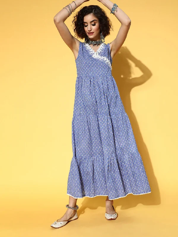 Women's Blue Ethnic Motifs Ethnic Maxi Dress - Yufta Comfortable Fitted Maxi Dress