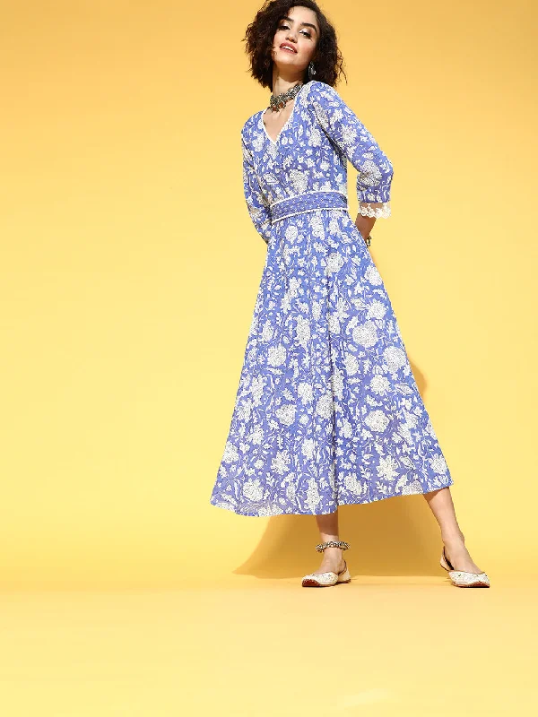 Women's Blue Floral Ethnic A-Line Maxi Dress - Yufta Trendy Ruffled Maxi Dress