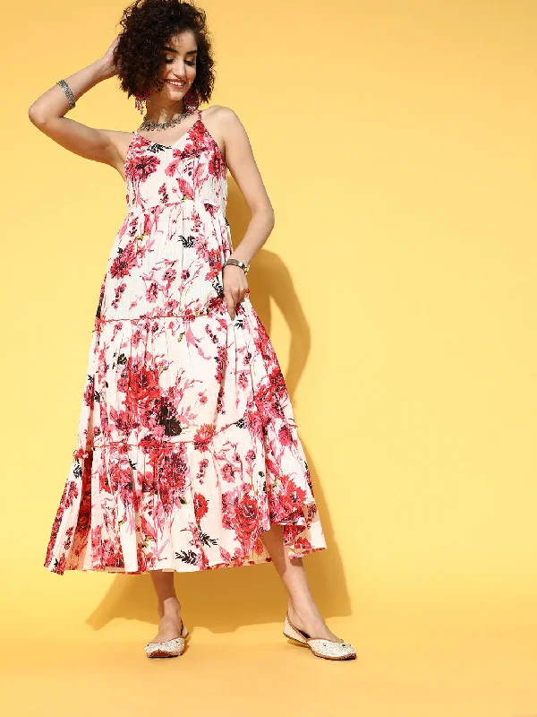 Women's Multicoloured Floral Printed Sleeveless Maxi Dress - Yufta Chic Boho Print Maxi Dress
