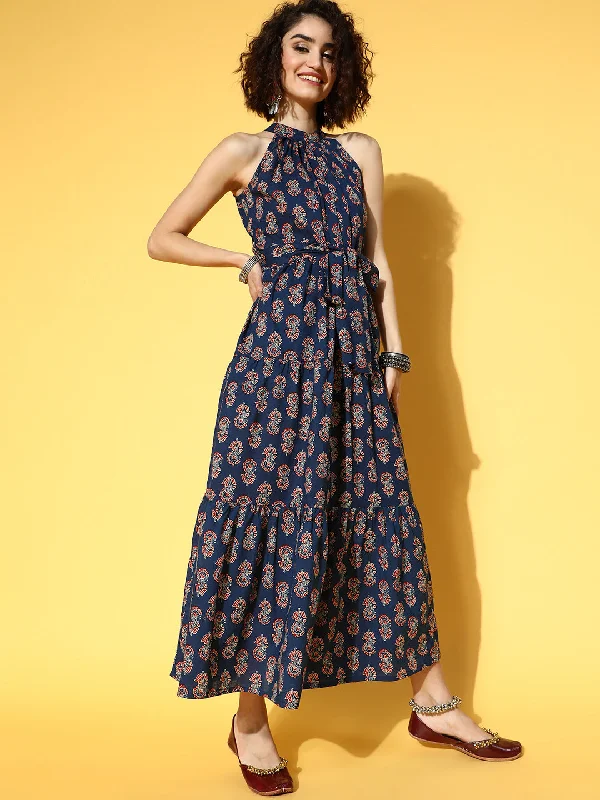 Women's Blue Ethnic Motifs Halter Neck Ethnic Maxi Dress - Yufta Trendy Button Front Maxi Dress