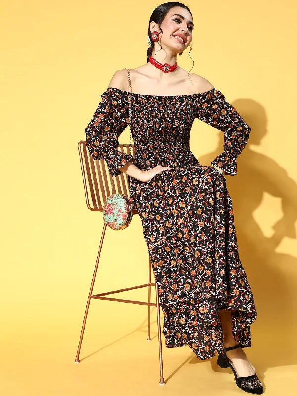 Women's Black & Mustard Yellow Ethnic Motifs Off-Shoulder Maxi Dress - Yufta Comfortable Plunging Neckline Maxi Dress