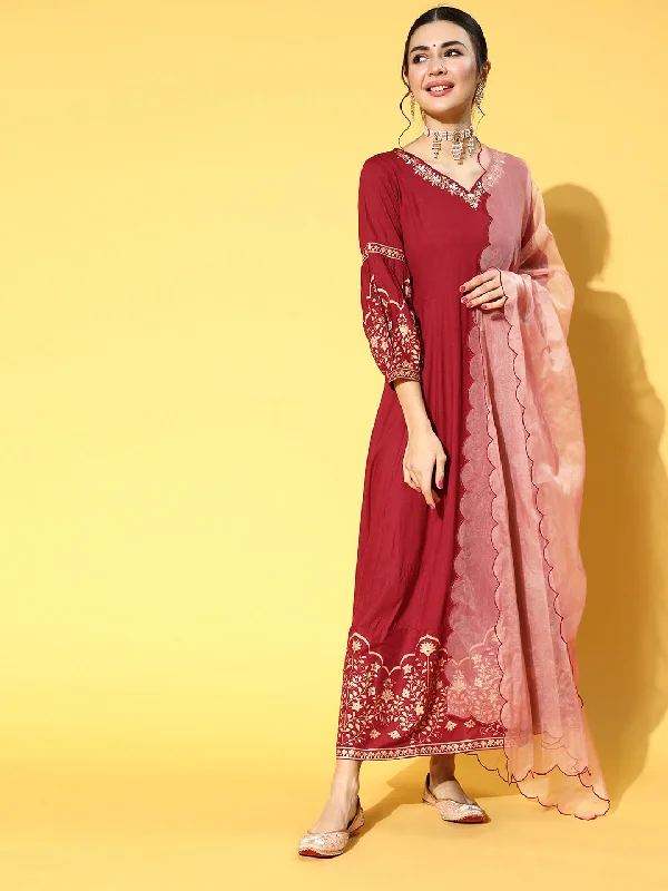 Women's Maroon Floral Ethnic Maxi Dress With Dupatta - Yufta Stylish One-Shoulder Maxi Dress