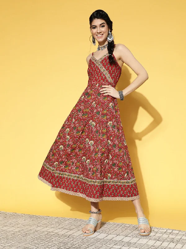 Women's Red & Brown Floral Printed Pure Cotton A-Line Maxi Dress - Yufta Cozy Maxi Dress with Slit