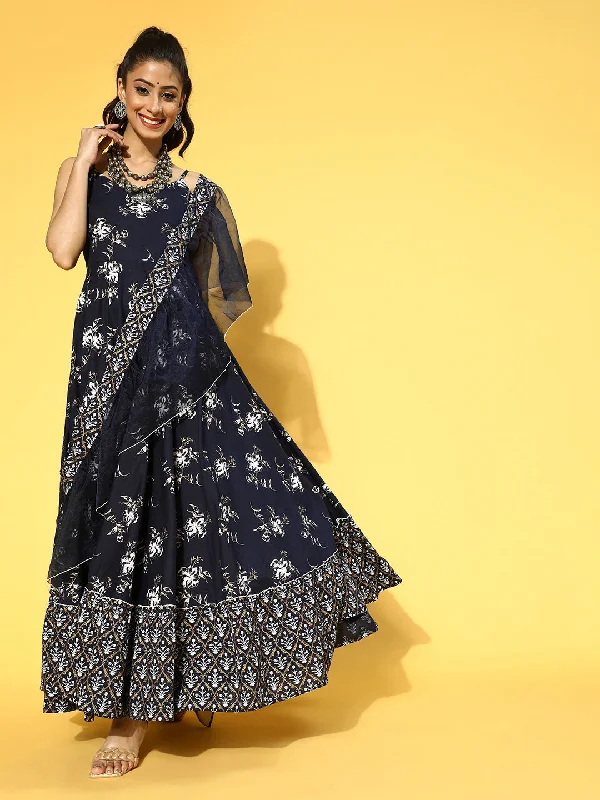 Women's Navy Blue & White Ethnic Motifs Shoulder Straps Ruffles Dupatta Maxi Dress - Yufta Comfortable Bohemian Maxi Dress
