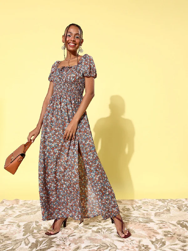 Women's Multicoloured Floral Maxi Dress with Puffed Sleeve - StyleStone Elegant Maxi Dress with Drapes